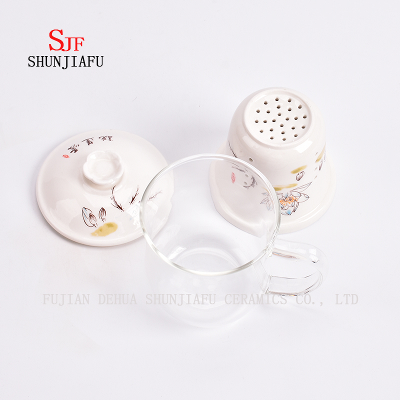 Keramikbecher Doppelwandige Glas-Teetasse Kreativer transparenter Becher Dreiteiliges Set mit Filter und Deckel Rosenblumen-Teebecher Glas-Keramikbecher