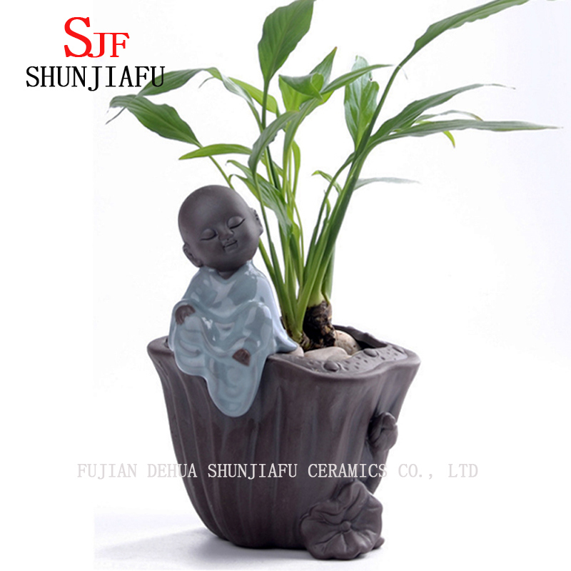 Keramik Haus / Garten Vintage Blumentopf mit kleinen M&ouml;nch und Buddha