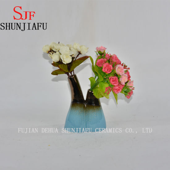 Keramische Blumenvase, Hellblau mit Taupe-Sortiment