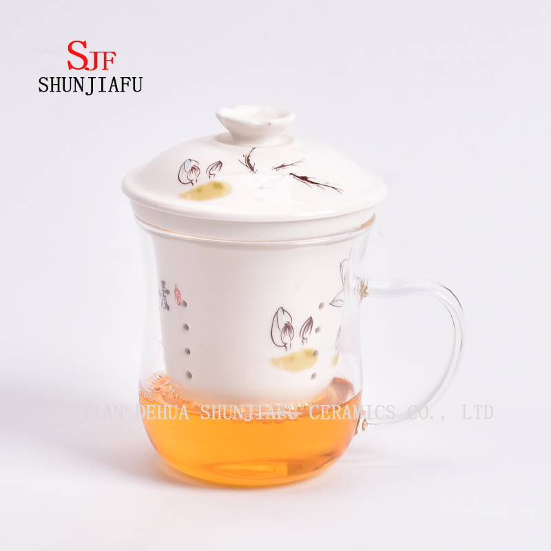 Keramikbecher Doppelwandige Glas-Teetasse Kreativer transparenter Becher Dreiteiliges Set mit Filter und Deckel Rosenblumen-Teebecher Glas-Keramikbecher