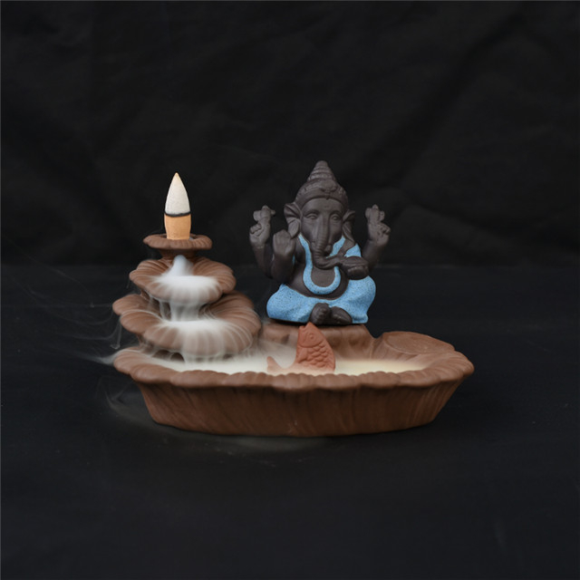 Stabhalter blau Ganesha Backflow Weihrauchbrenner Elefantengott Emblem Glückverheißend und Glasvase Erfolg Keramikkegel Räuchergefäß Home Decor