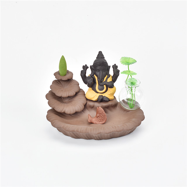 Stabhalter gelb Ganesha Backflow Weihrauchbrenner Elefantengott Emblem Glückverheißend und Erfolg Keramikkegel Räuchergefäß Home Decor