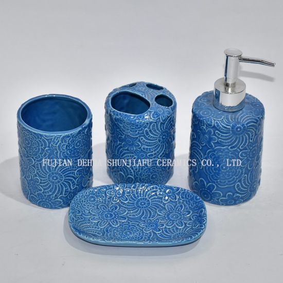 5-teiliges, blaues Keramik-Badezimmer-Set