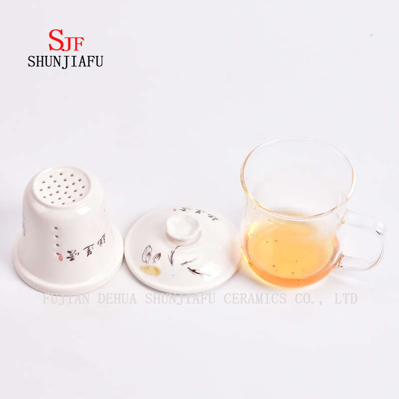 Keramikbecher Doppelwandige Glas-Teetasse Kreativer transparenter Becher Dreiteiliges Set mit Filter und Deckel Rosenblumen-Teebecher Glas-Keramikbecher