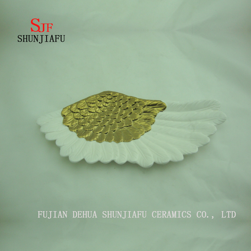 2 Design Broken-Winged Angel Dish, Keramikplatte. Wei&szlig; und Glod