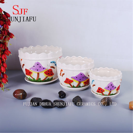 Keramik-Set mit 3 Blumentöpfen mit wunderschönem Pilzmuster