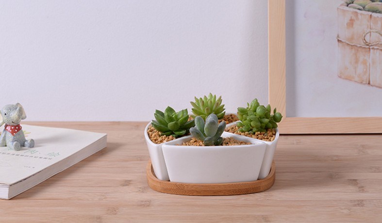 Dreieckiger wei&szlig;er Blumentopf aus Keramik mit Bambusboden