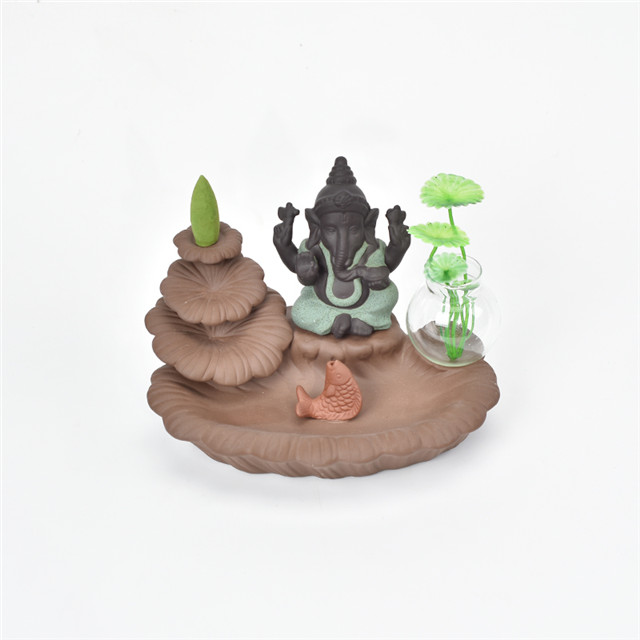 Stabhalter grün Ganesha Backflow Weihrauchbrenner Elefantengott Emblem Glückverheißend und Glasvase Erfolg Keramikkegel Räuchergefäß Home Decor