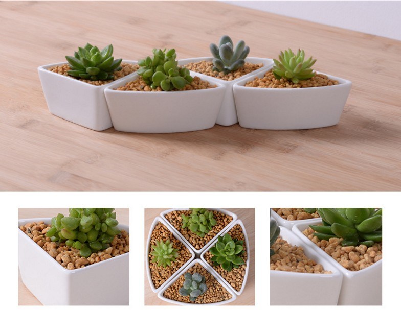 Dreieckiger wei&szlig;er Blumentopf aus Keramik mit Bambusboden