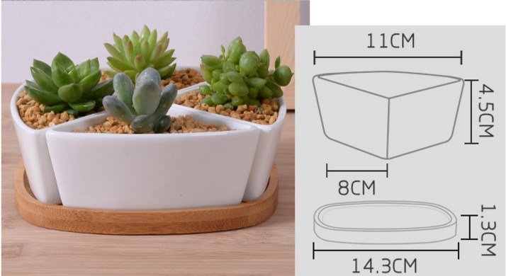 Dreieckiger wei&szlig;er Blumentopf aus Keramik mit Bambusboden