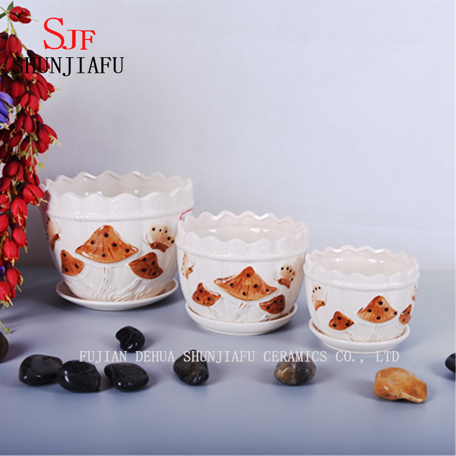 Keramik-Set mit 3 Blument&ouml;pfen mit wundersch&ouml;nem Pilzmuster