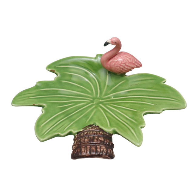 Keramische Kokosnussblätter mit Griff und rosa Flamingo-Platte