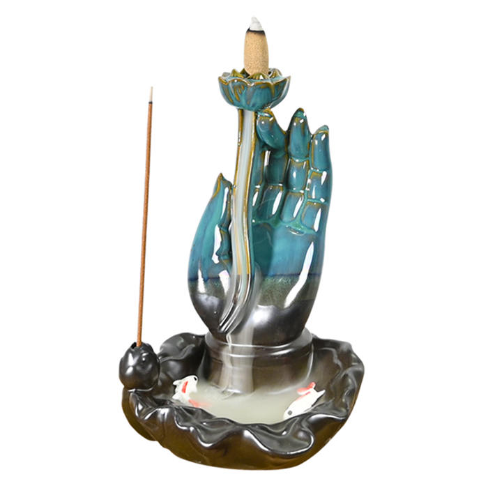 Keramik Buddha Hände Blauer Backflow -Weihrauchbrenner