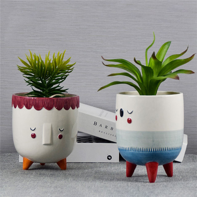 Home Balkon Tischdekoration Pflanzer Topf Stativ Unterstützung Abstraktes Gesicht Keramik Blumentopf