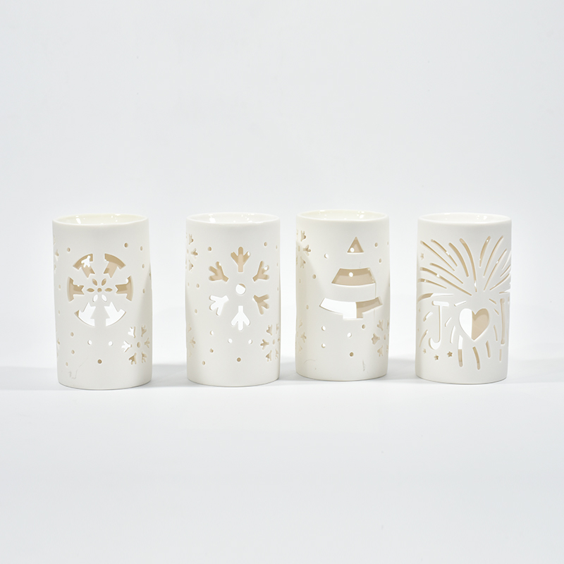 Weißes Porzellan kreisförmiger Hohlkerzenbecher Keramikmuster hohl aus Keramikölbrenner