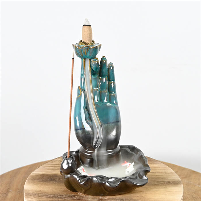 Keramik Buddha Hände Blauer Backflow -Weihrauchbrenner
