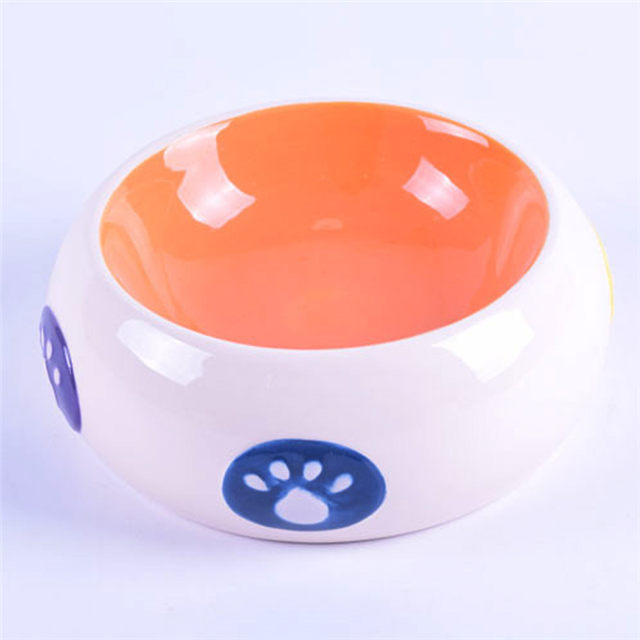 Schüssel innen Orange Schüssel außen White Drum Style Gedruckte Fußabdrücke Keramik Pet Feeder Keramik Hundenapf