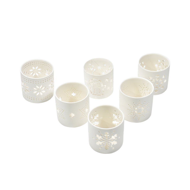 Desktop Nacht hellweiß weißer Keramik Teelichthalter mit Schneeflockenausschnitten Ausschnitt Keramik Teelicht Kerzenhalter