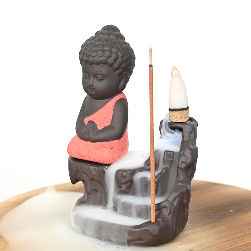 Räucherstäbchenhalter aus Keramik, roter kleiner Buddha, Wasserfall, Rückfluss, Räucherstäbchenhalter aus Keramik, Wasserfall, Rückfluss