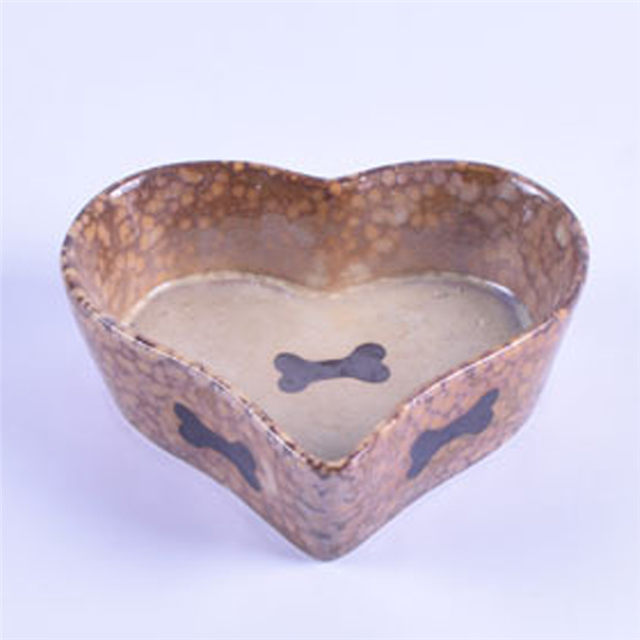 Brown Heart Shaped Bowl Gedrucktes Knochenbild Ceramic Pet Feeder Ceramic Dog Bowl