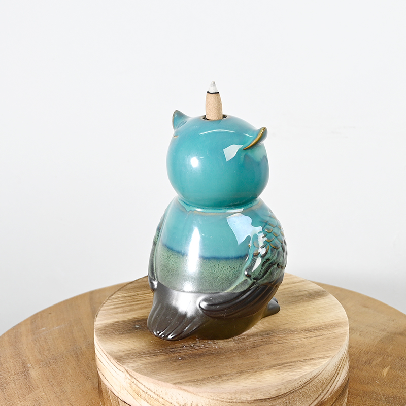 Blue Glaze Eulenstatue -Design Wasserfall Weihrauchkegelhalter Keramik Backflow Weihrauch Brenner