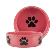 mit Hundefußabdrücken Drucken von kreisförmig bedruckten Knochen an der Schüssel Boden Keramik Hundefutter Rosa Keramik Tierfutter Pink Keramik Hundenapf