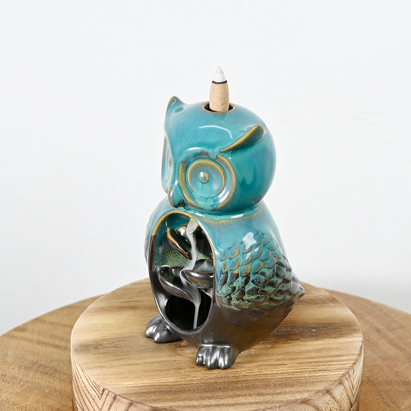 Blue Glaze Eulenstatue -Design Wasserfall Weihrauchkegelhalter Keramik Backflow Weihrauch Brenner