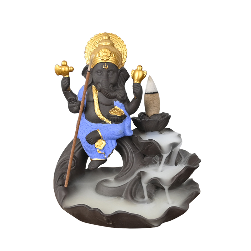 Blauer Keramik-Ganesha-Stil Wasserfall-Rückfluss-Räuchergefäß